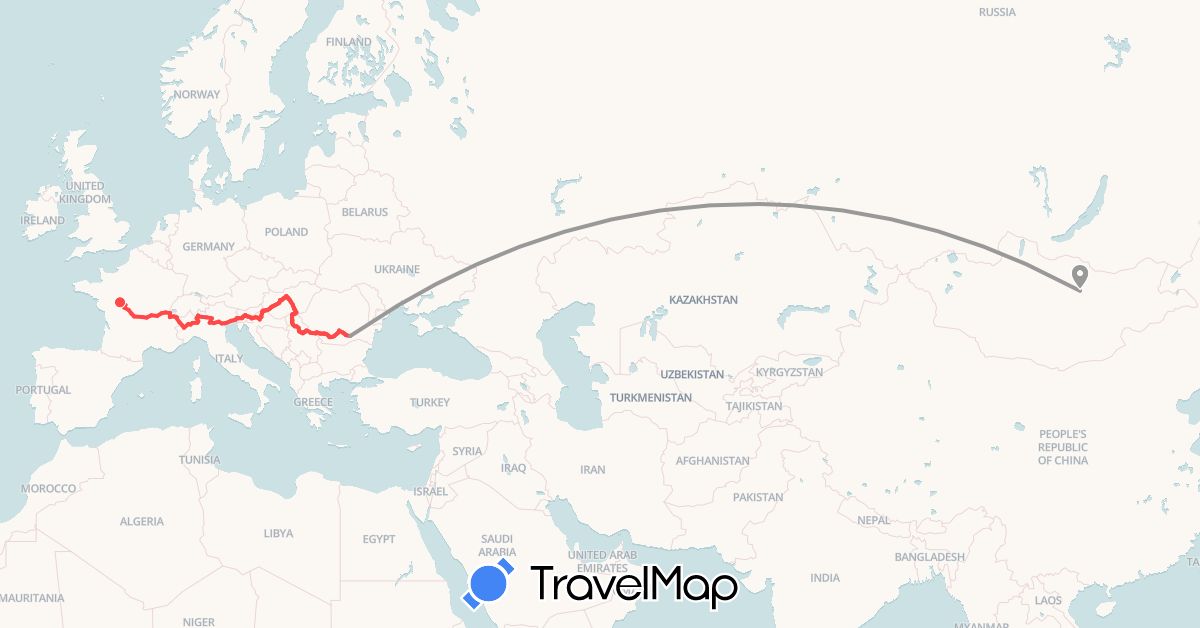 TravelMap itinerary: driving, plane, hiking in Switzerland, France, Croatia, Hungary, Italy, Mongolia, Romania, Serbia, Slovenia (Asia, Europe)